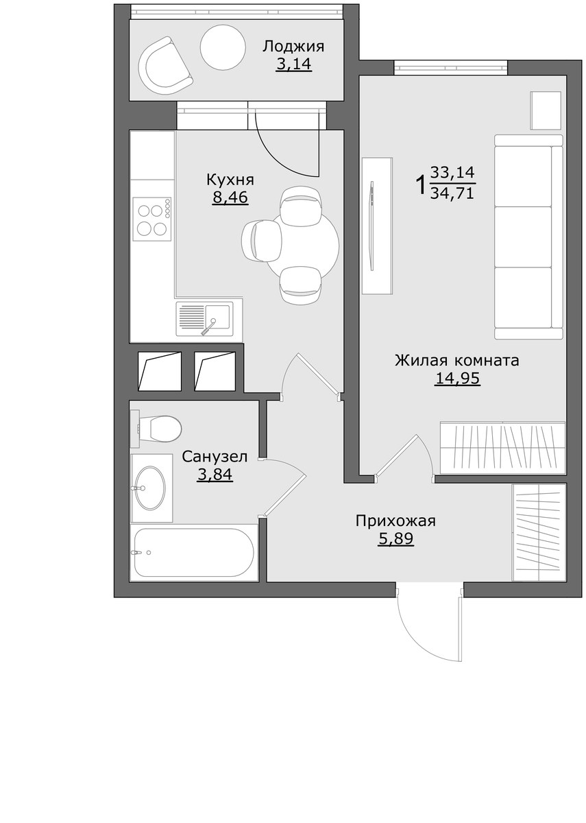 Планировка 34.71 м²
