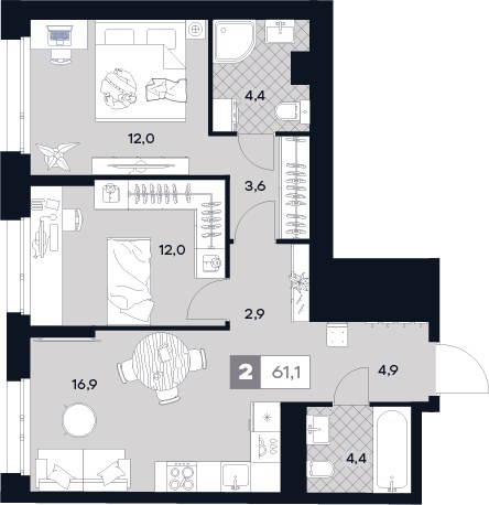 Планировка 61.1 м²