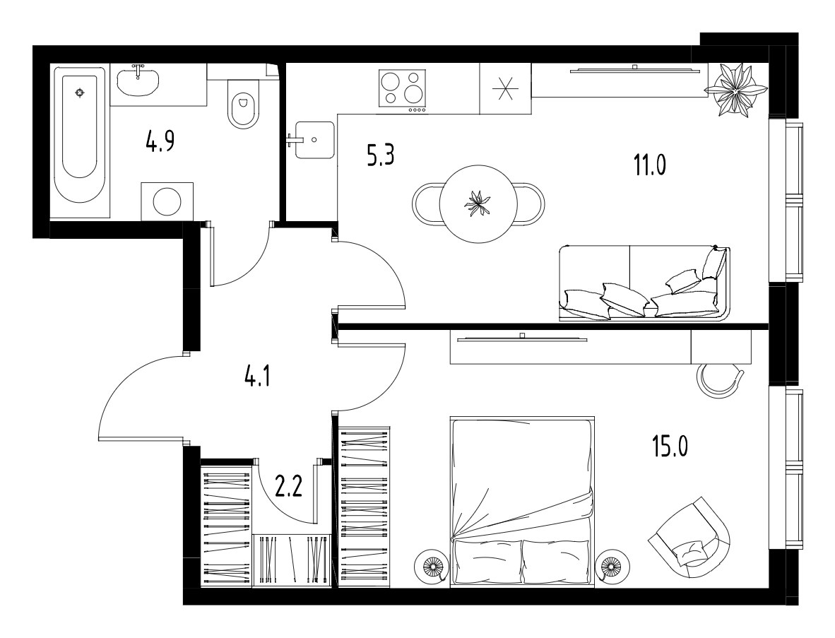 Планировка: 1-комнатная, 42.4 м²