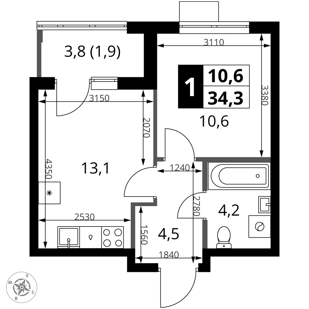 Планировка 34.3 м²