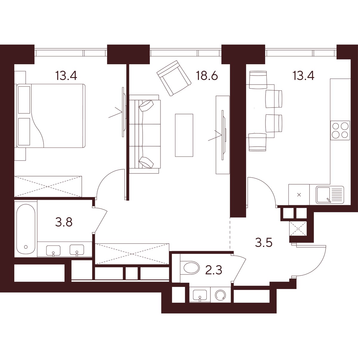 Планировка 55.0 м²