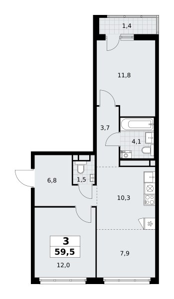 Планировка: 3-комнатная, 59.5 м²