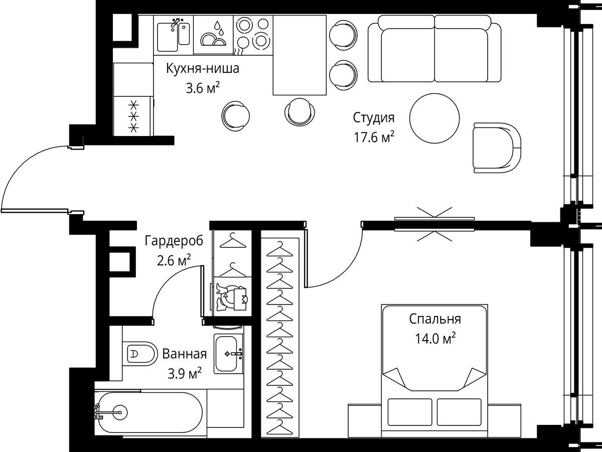 Планировка: 1-комнатная, 41.7 м²