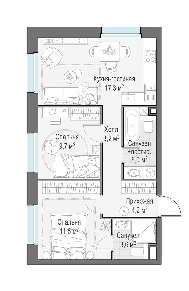 Планировка 54.4 м²