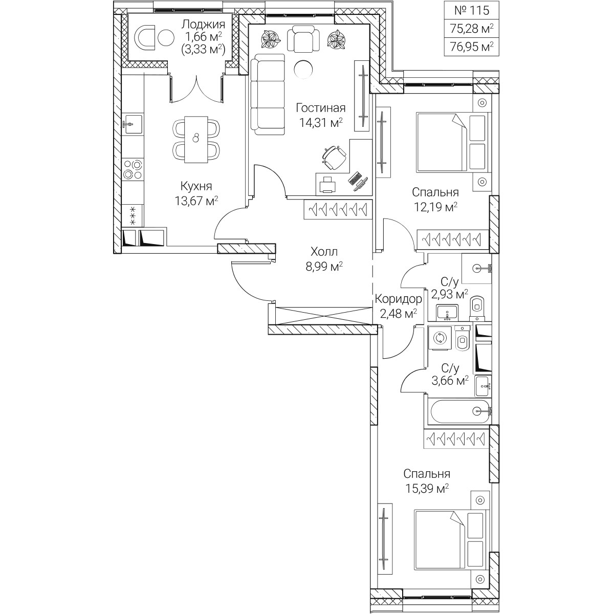 Планировка 75.28 м²