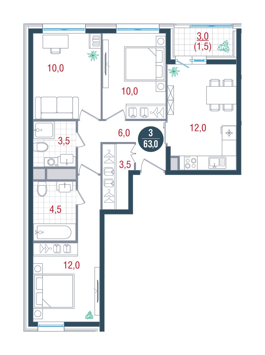 Планировка 63.0 м²