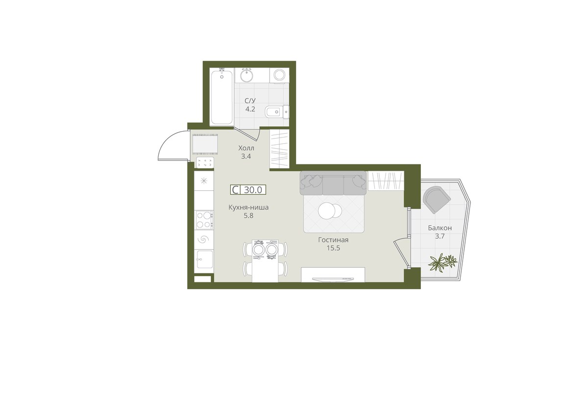 Планировка: Студия, 30.0 м²