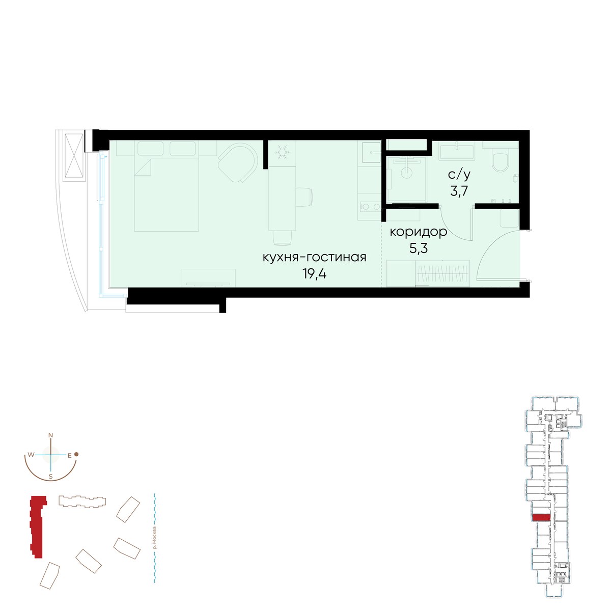 Планировка: Студия, 28.4 м²