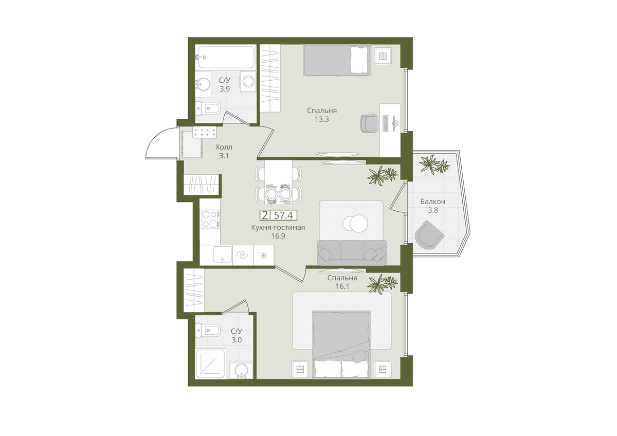 Планировка 57.4 м²