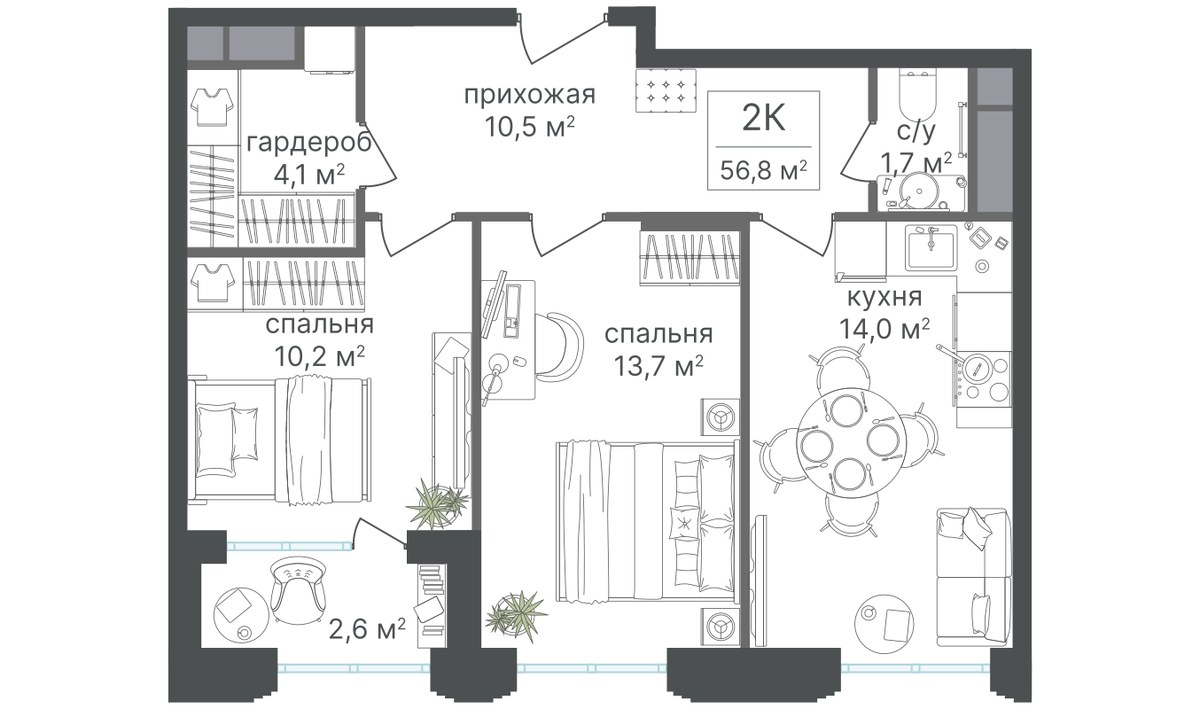 Планировка 55.5 м²