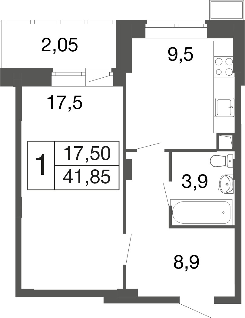 Планировка: 1-комнатная, 39.7 м²