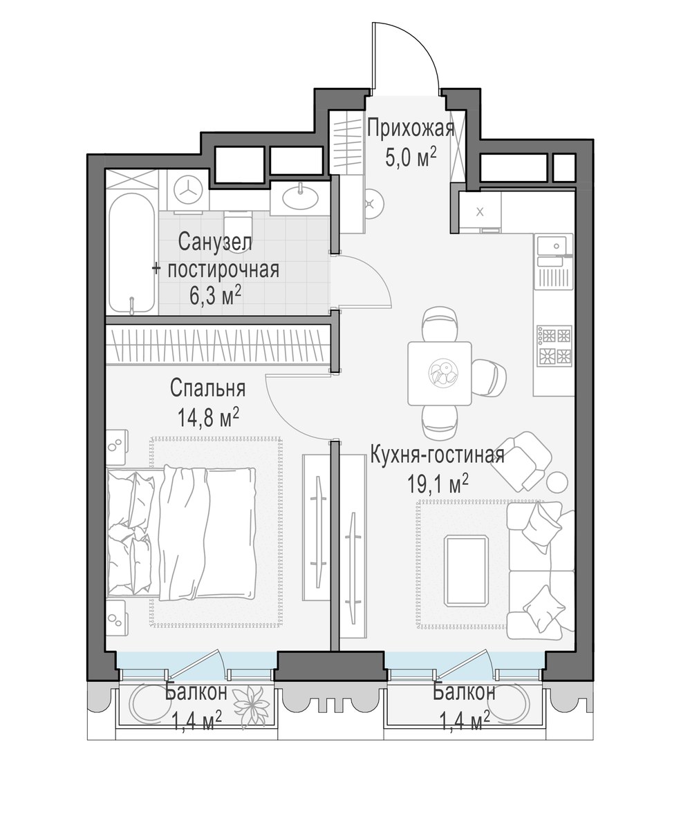Планировка: 1-комнатная, 45.7 м²