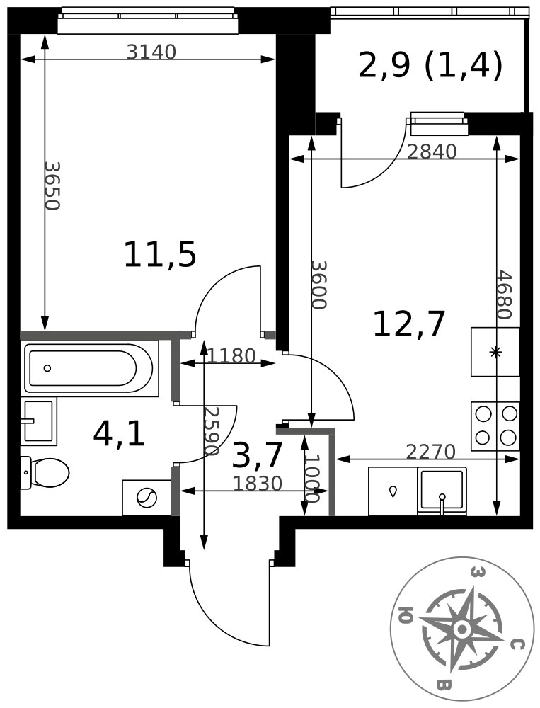 Планировка 33.4 м²