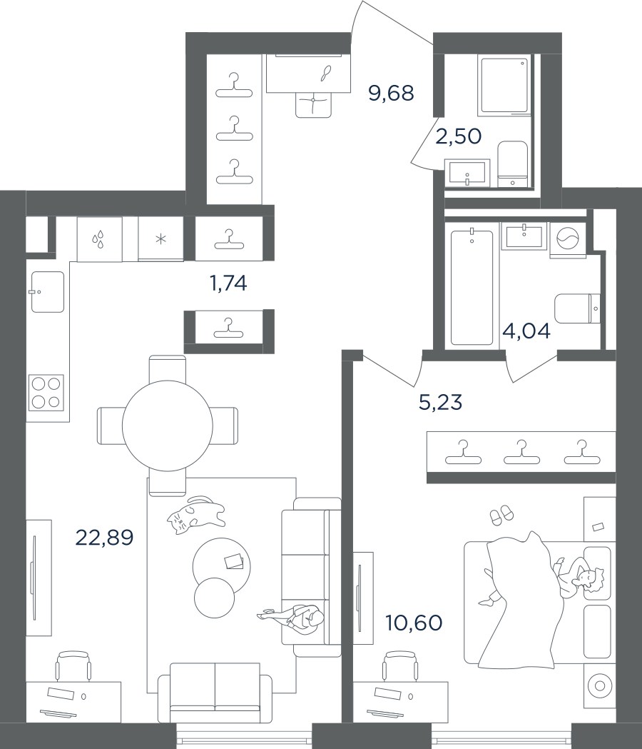 Планировка: 1-комнатная, 56.68 м²