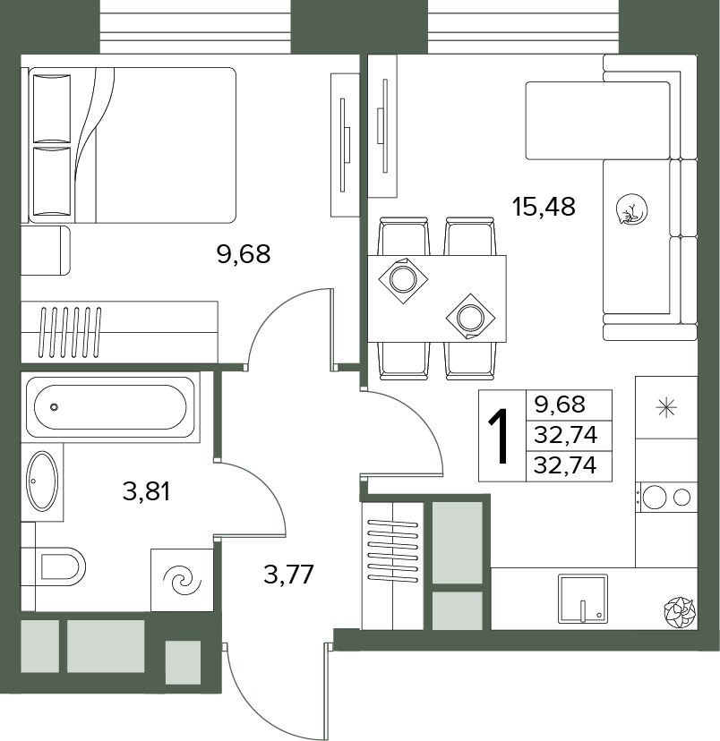 Планировка: 1-комнатная, 32.74 м²