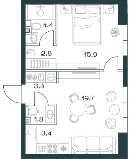 Планировка: 2-комнатная, 51.9 м²