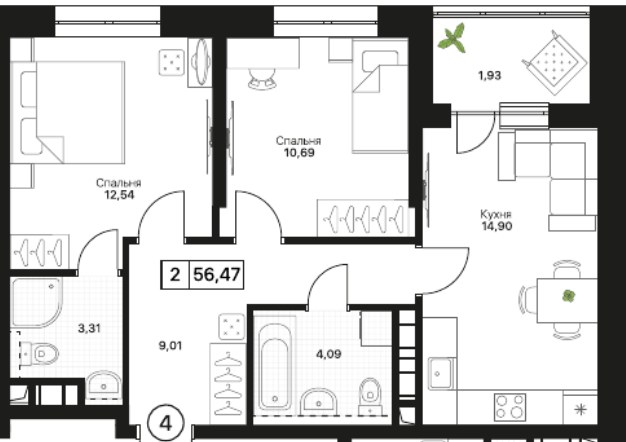Планировка 56.47 м²