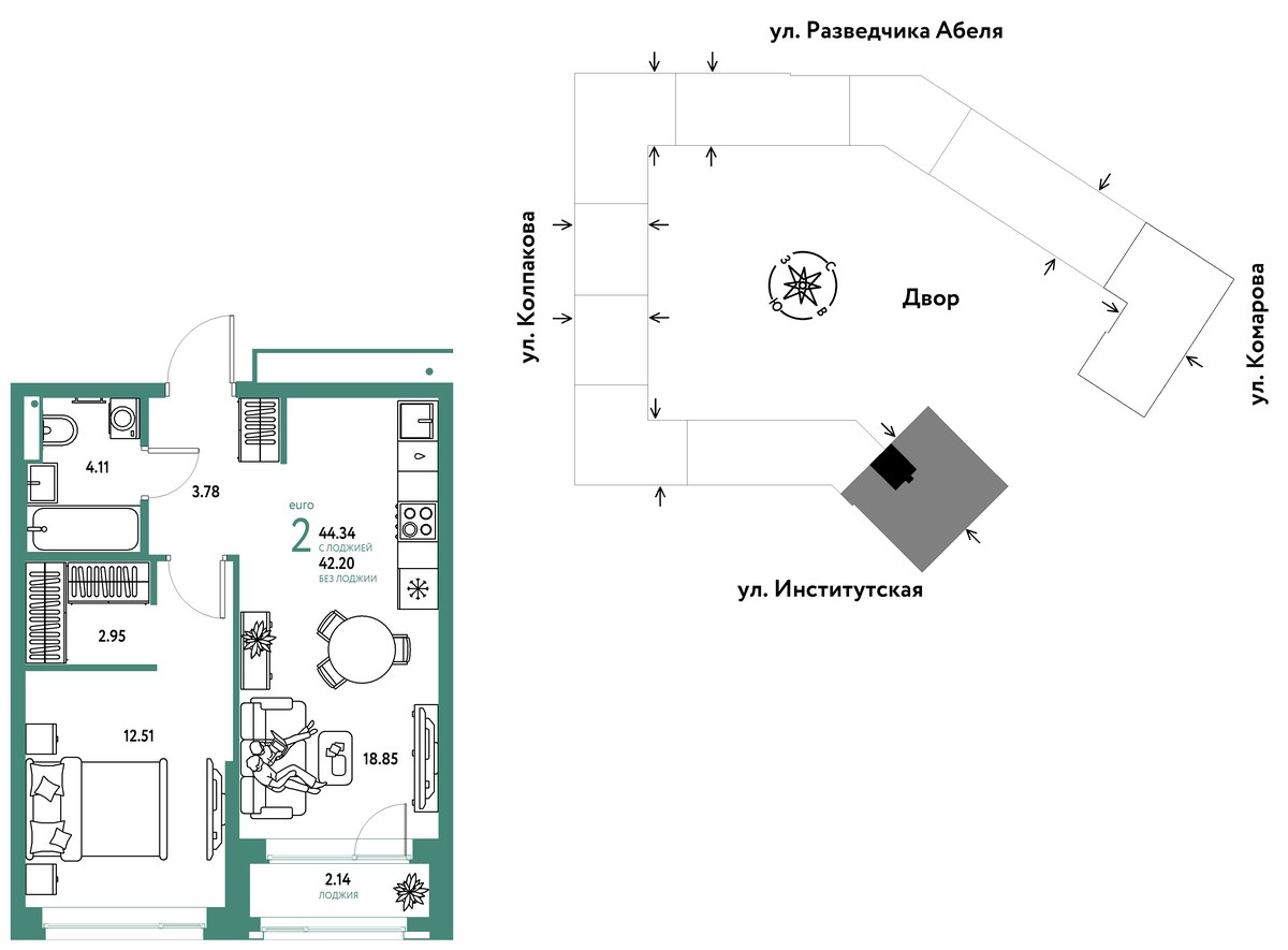 Планировка 44.34 м²