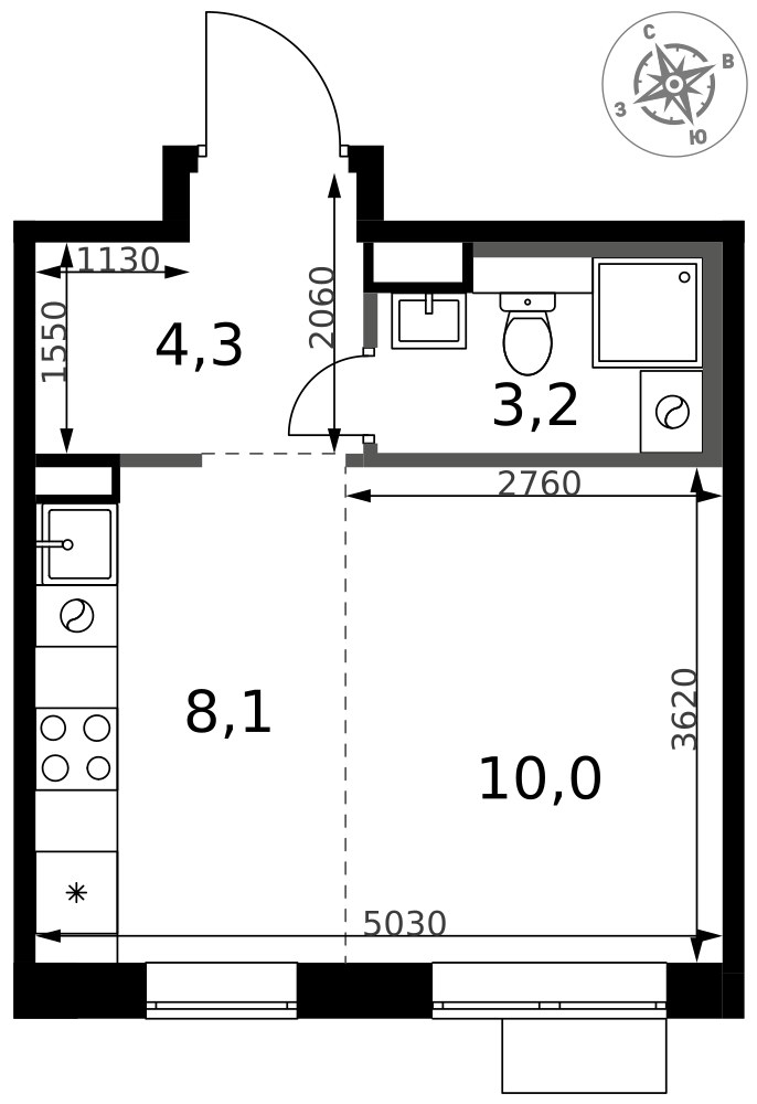 Планировка: Студия, 25.6 м²