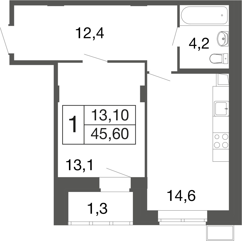 Планировка: 1-комнатная, 44.2 м²
