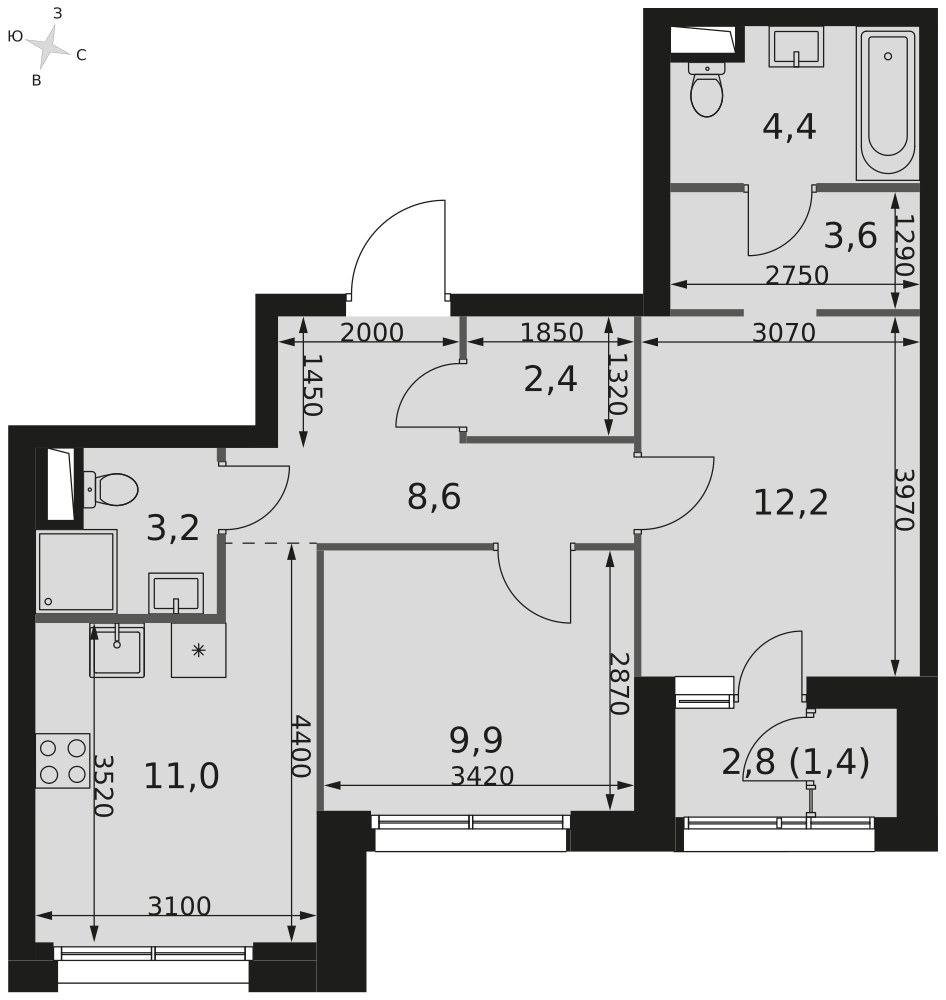 Планировка 56.7 м²