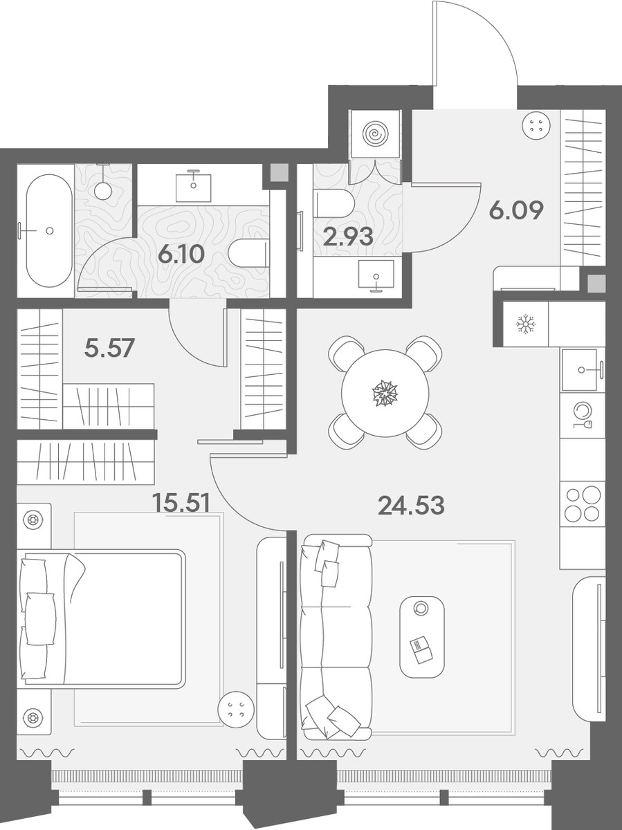 Планировка: 1-комнатная, 60.73 м²