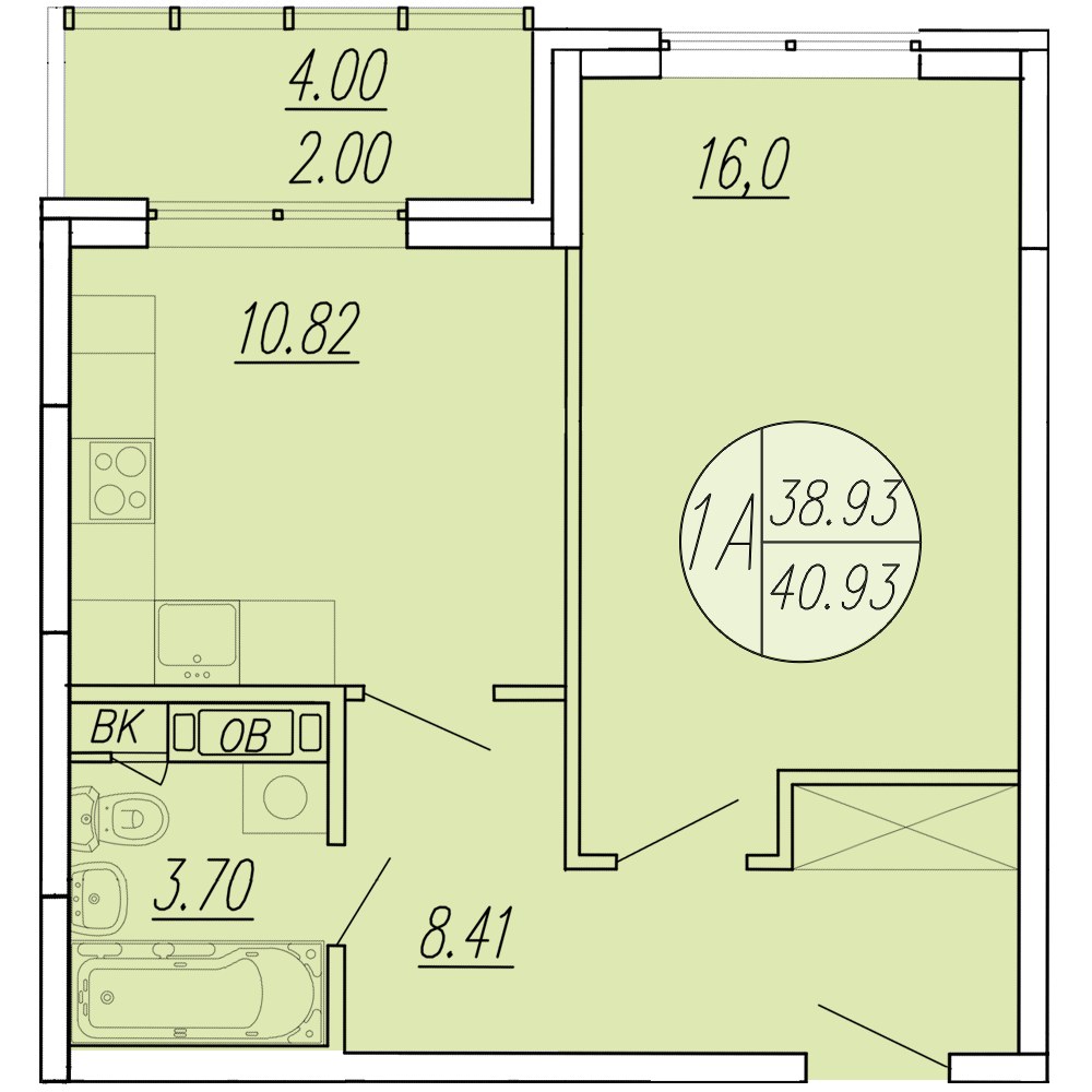Планировка: 1-комнатная, 40.93 м²