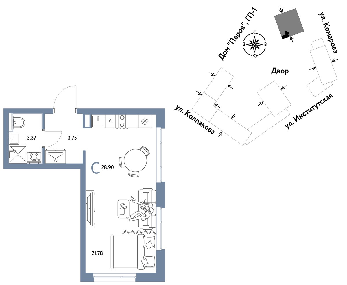 Планировка: 1-комнатная, 28.9 м²
