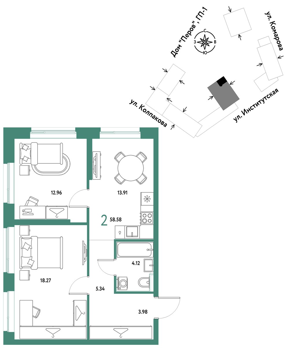 Планировка 58.58 м²