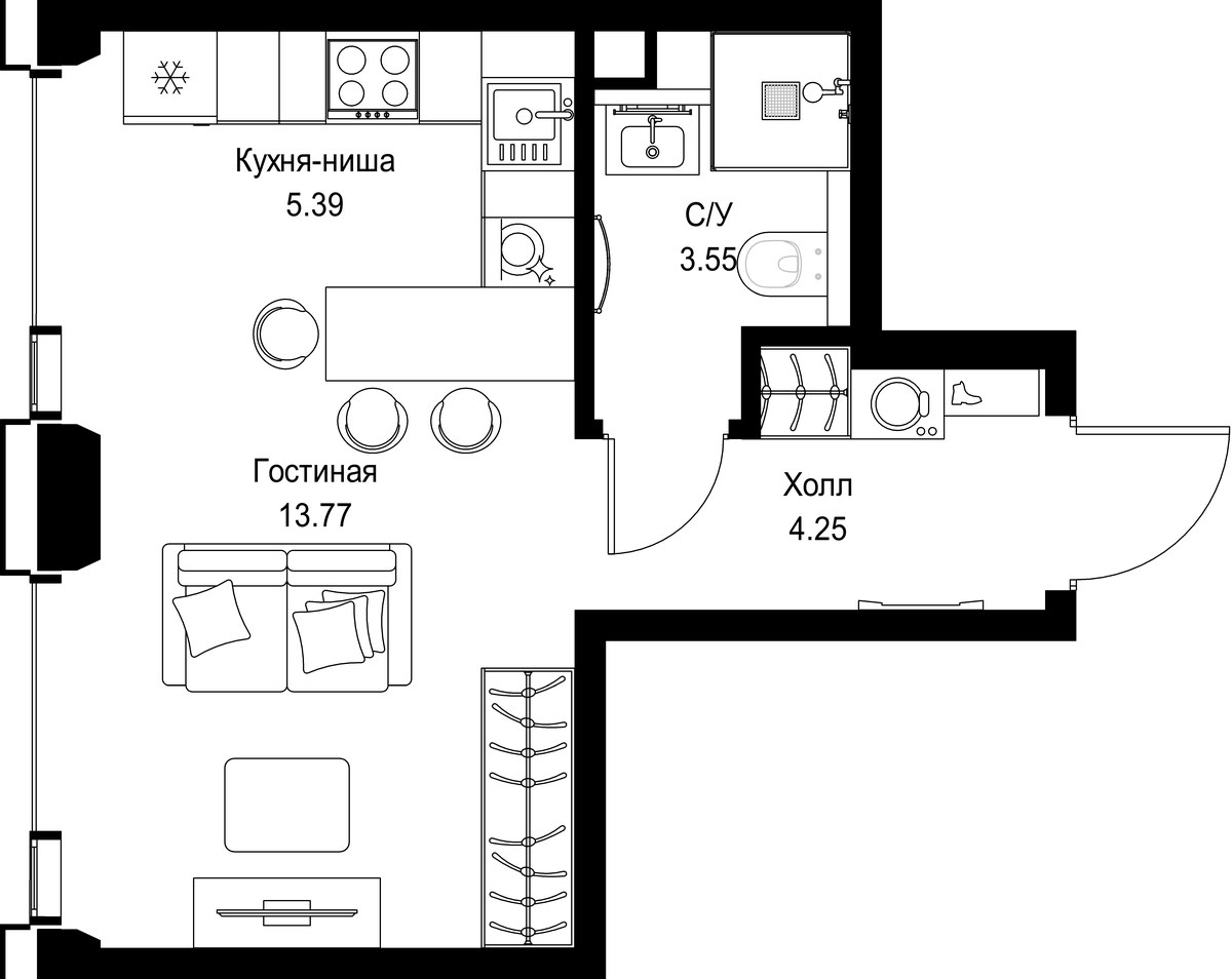 Планировка: 1-комнатная, 26.96 м²