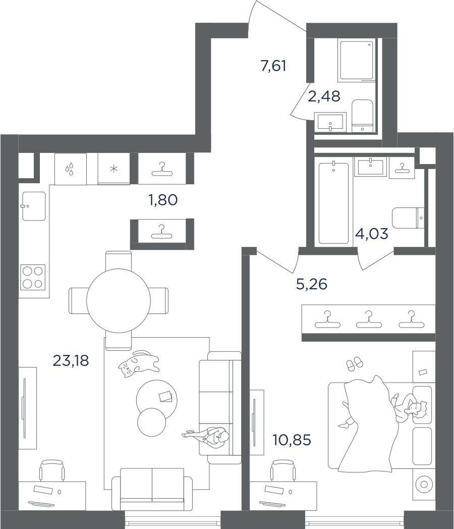 Планировка: 1-комнатная, 55.21 м²