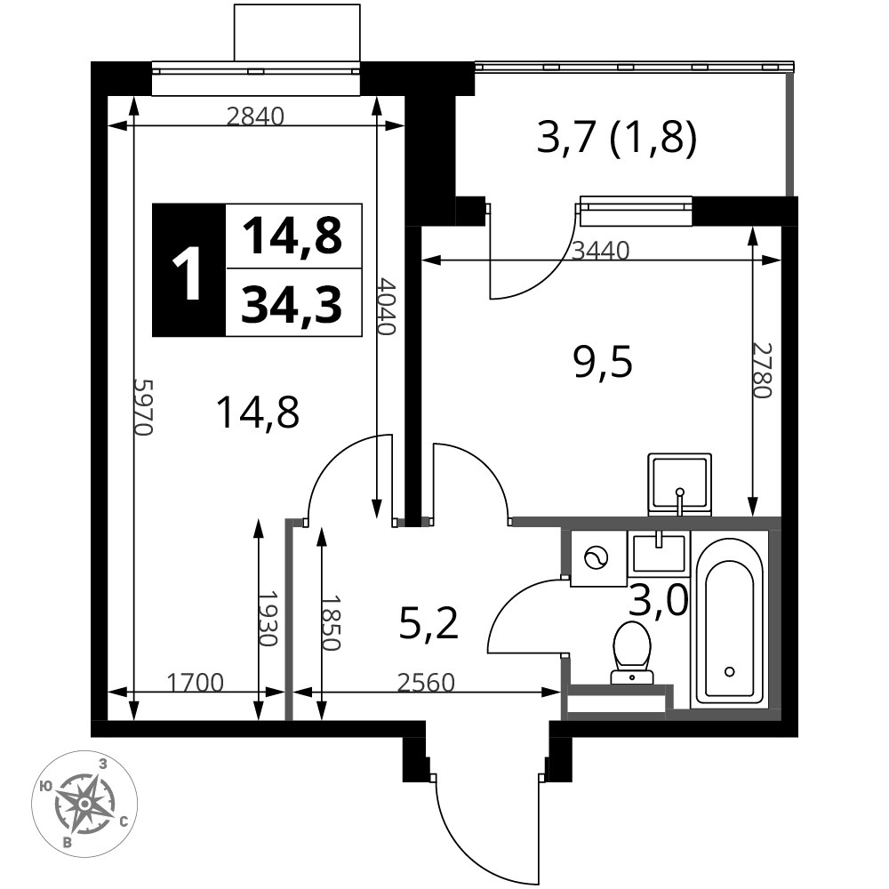 Планировка 34.3 м²