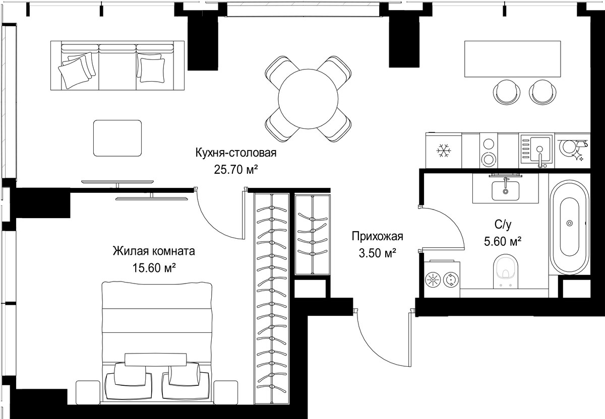 Планировка: 1-комнатная, 50.4 м²