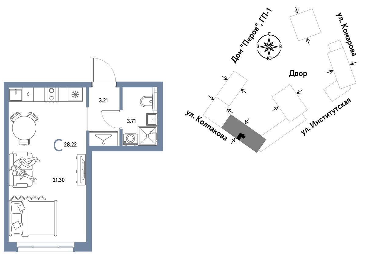 Планировка: 1-комнатная, 28.22 м²