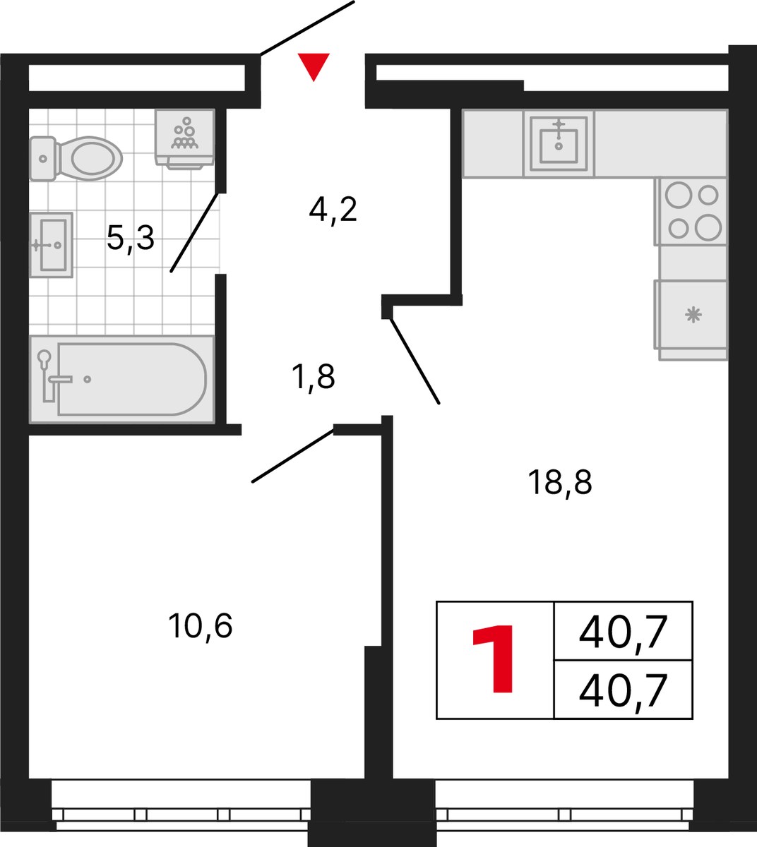 Планировка: 1-комнатная, 40.7 м²
