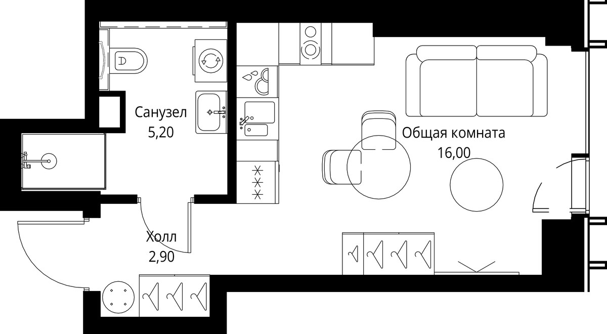 Планировка: 1-комнатная, 24.1 м²