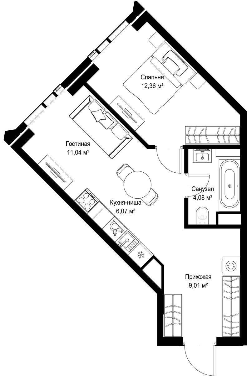 Планировка: 1-комнатная, 42.56 м²