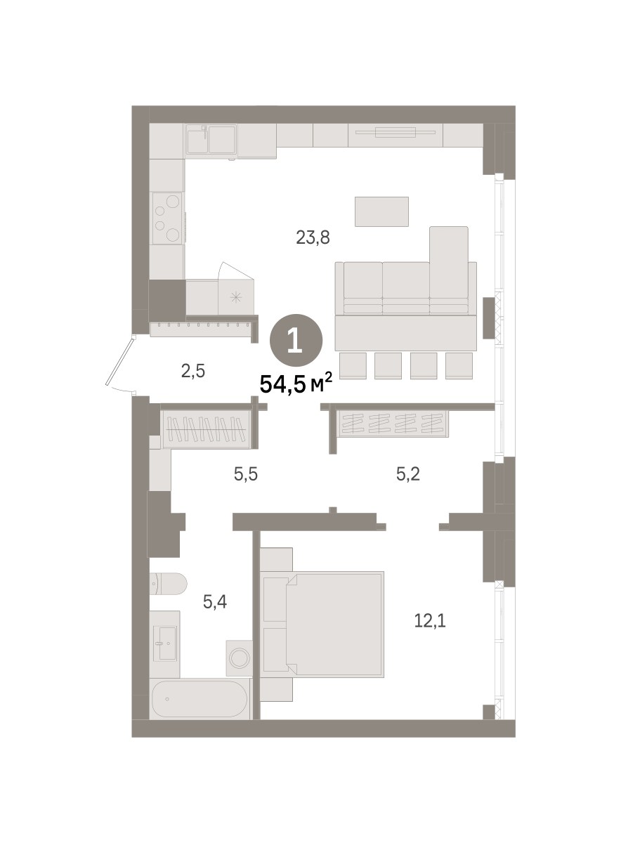 Планировка: 1-комнатная, 54.5 м²