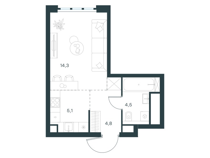 Планировка: Студия, 28.7 м²