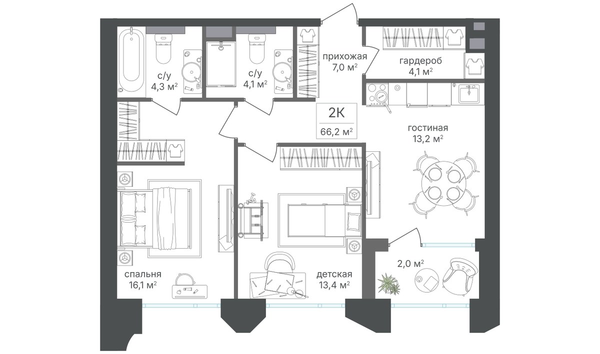 Планировка 64.2 м²
