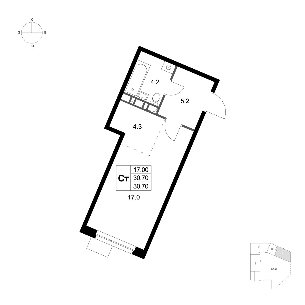 Планировка: Студия, 30.7 м²