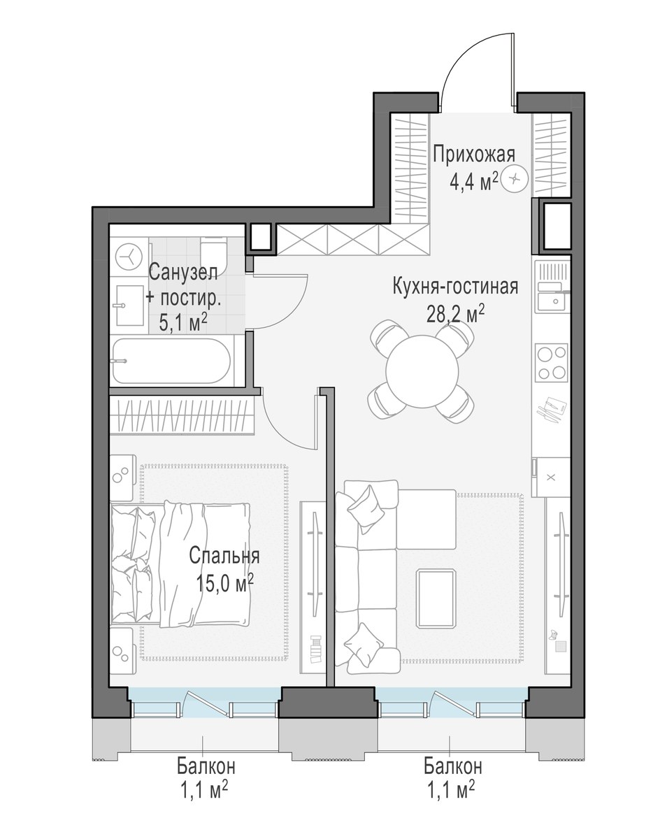 Планировка 53.4 м²