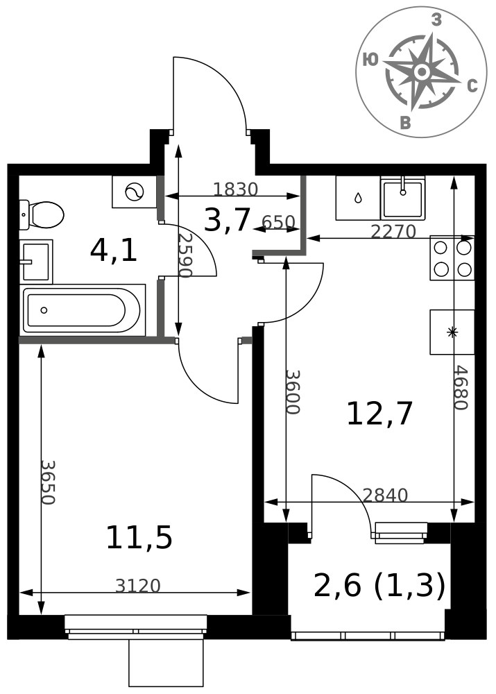 Планировка 33.3 м²