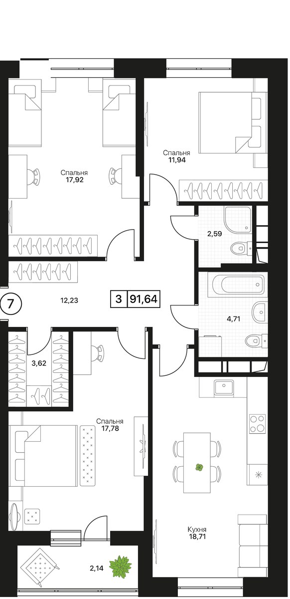 Планировка 91.64 м²