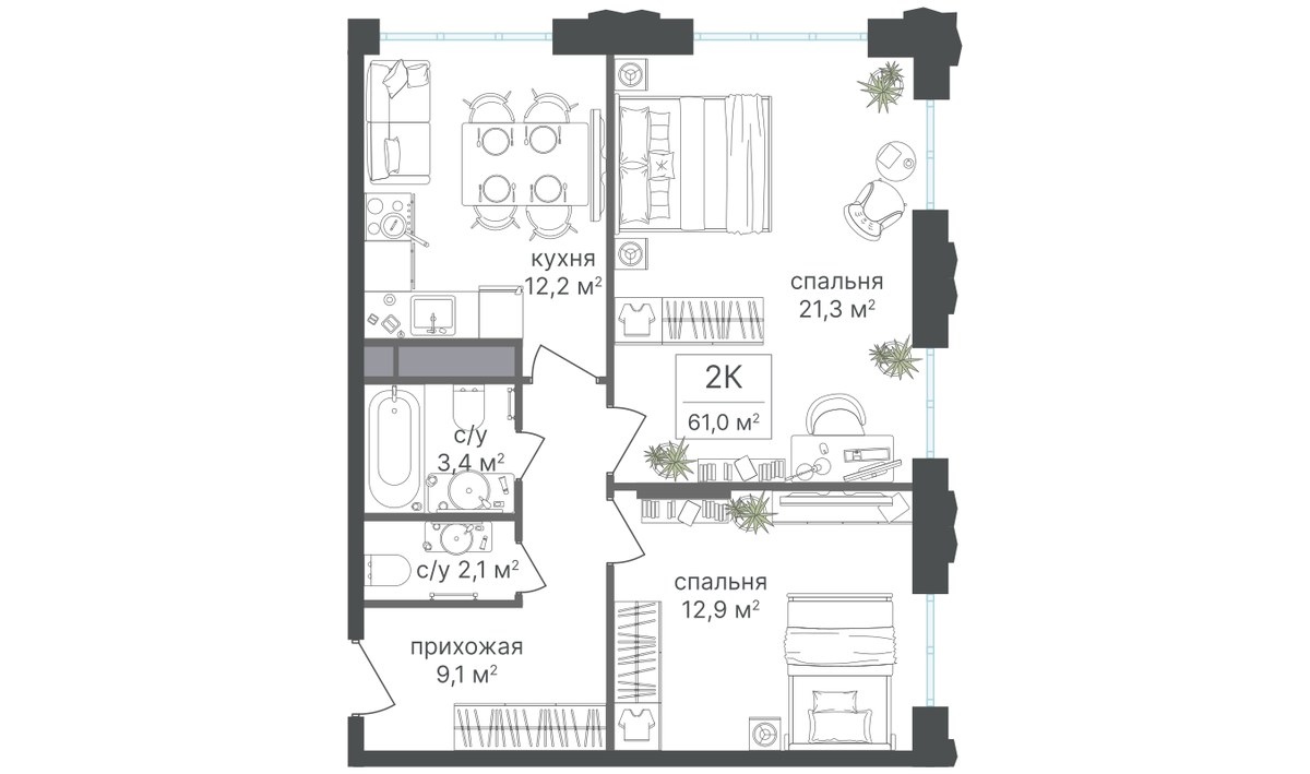 Планировка 60.1 м²
