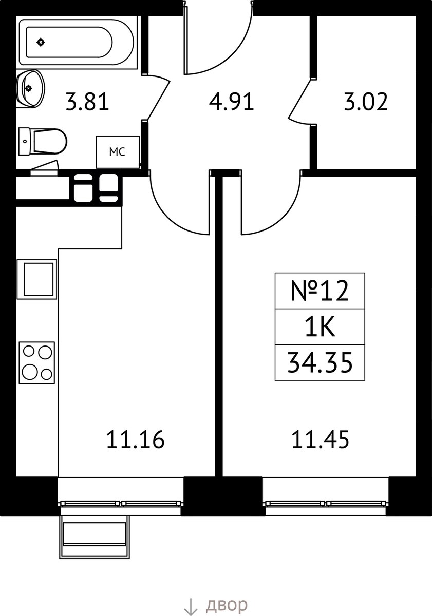 Планировка 34.35 м²