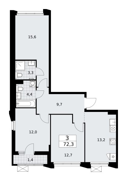 Планировка: 3-комнатная, 72.3 м²