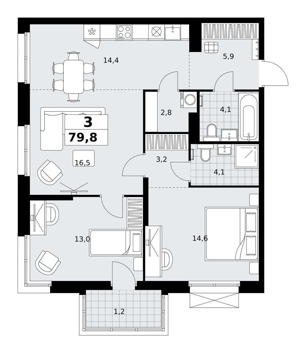 Планировка: 3-комнатная, 79.8 м²