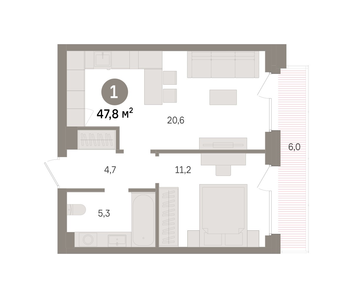 Планировка: 1-комнатная, 47.8 м²