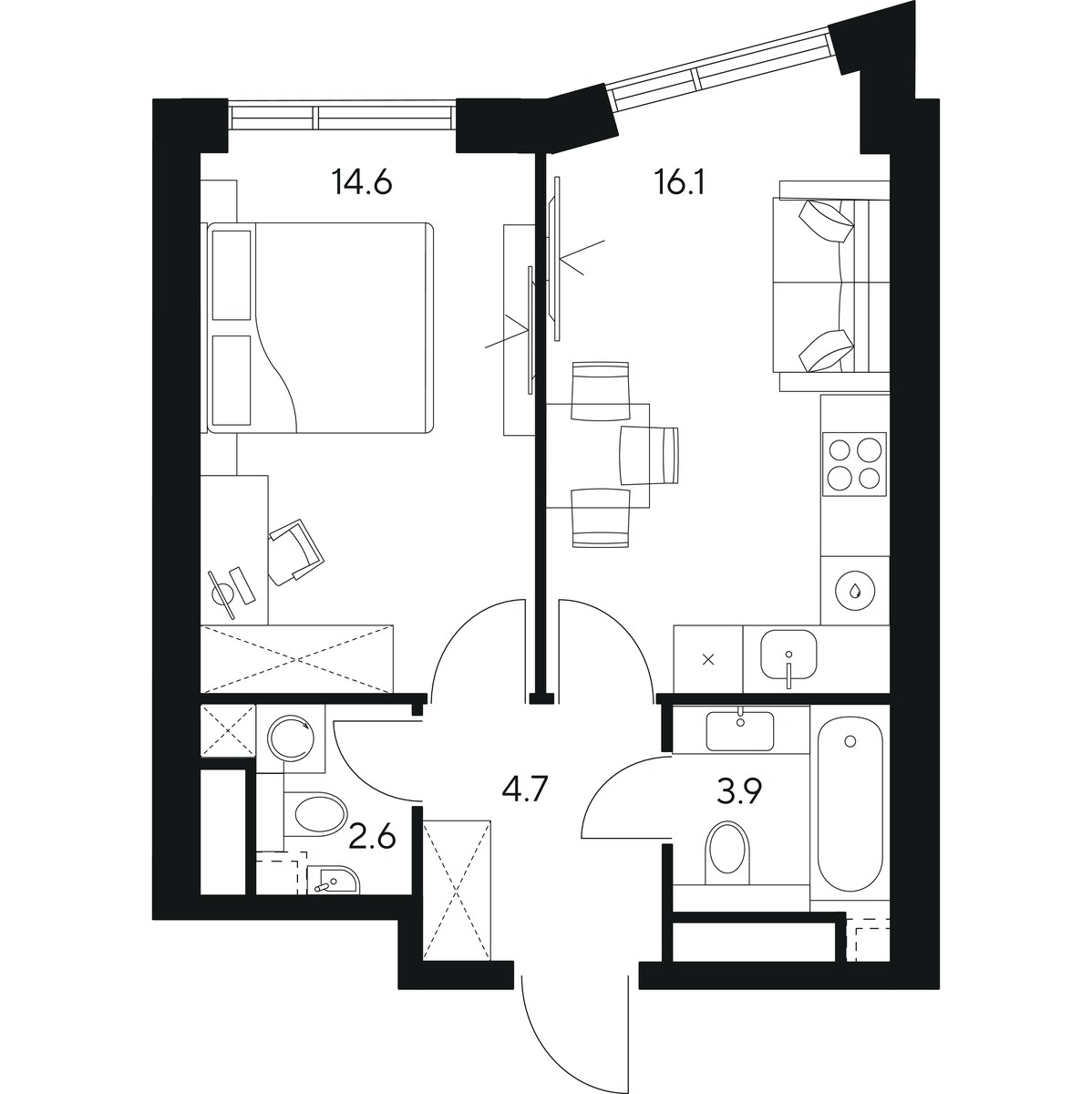 Планировка: 1-комнатная, 41.9 м²
